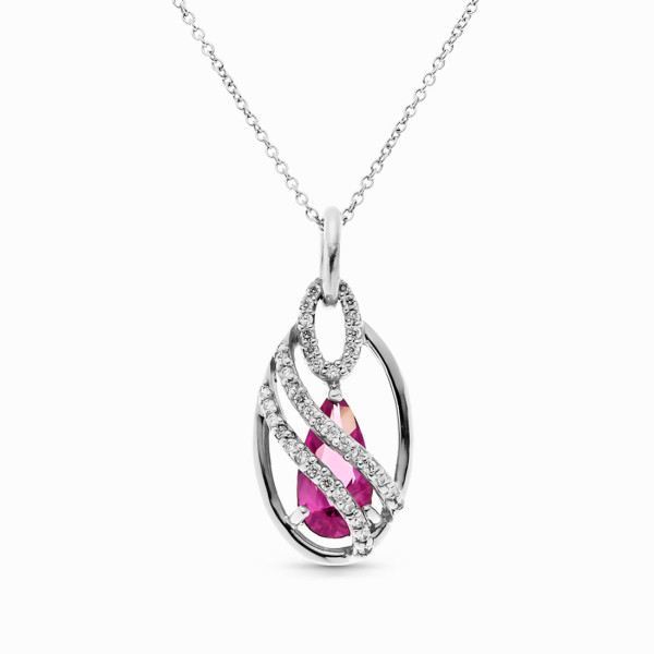Contemporary Silver Necklace with Oval Pendant and Pink Pear-Shaped Stone