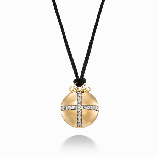 Necklace with Black Cord and Round 18K Gold Plated Pendant with Cross Design
