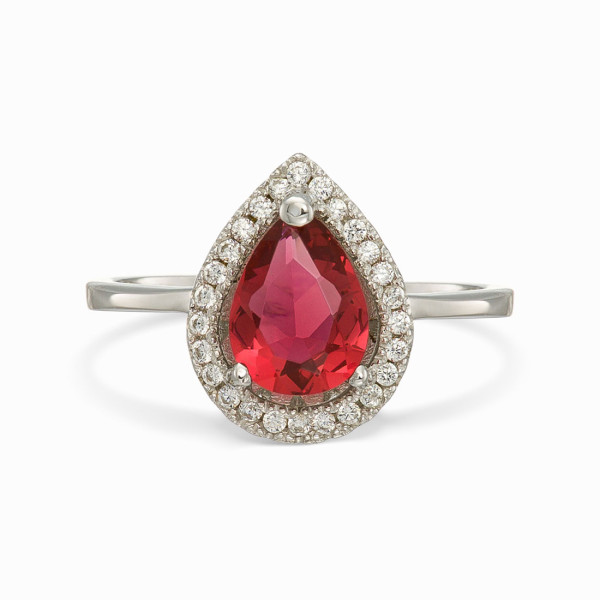 Silver Ring with Pear-Shaped Red Center Stone