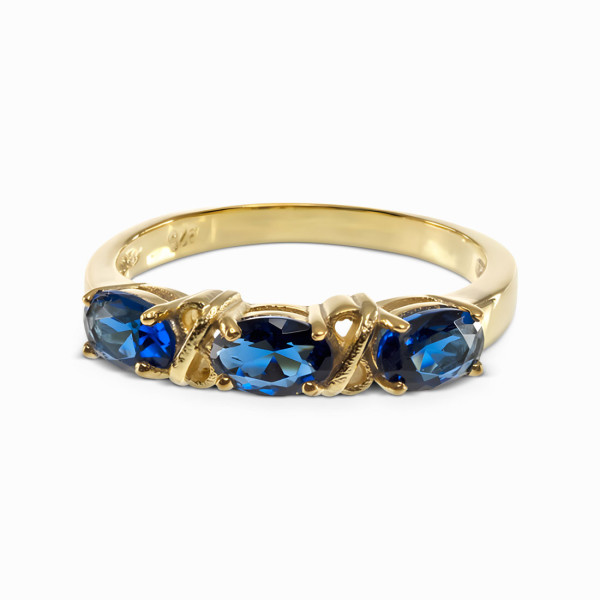 18K Yellow Gold Plated Three-stone Ring with Blue Stones 