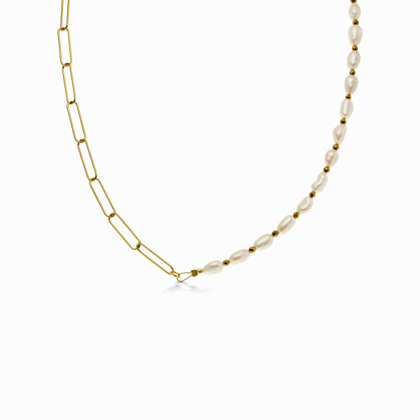 Modern Gold Plated Paperclip Chain and Baroque Pearls Necklace