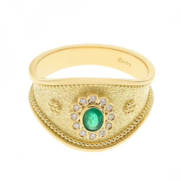 Handmade Κ18 Gold Ring with Emerald and Diamonds