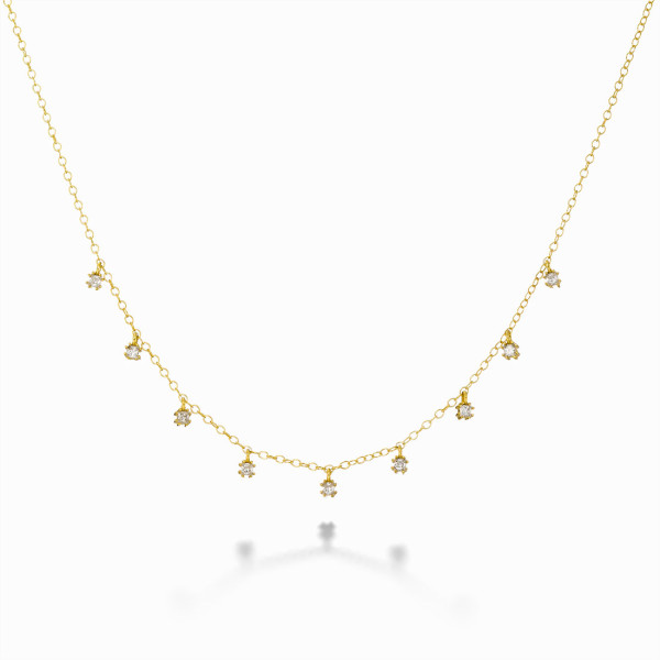 18K Yellow Gold Plated Necklace with Dangling White CZ Stones 