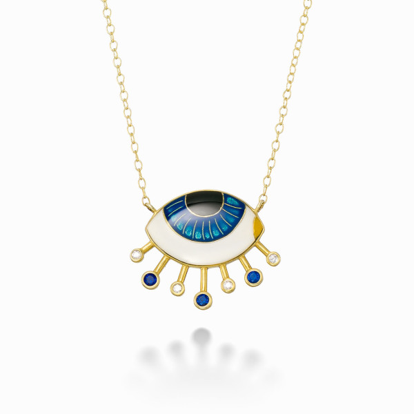 18K Yellow Gold Plated Blue Enamel Eye Necklace with CZ Stones
