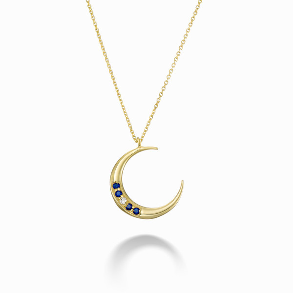 Minimal Half Moon Necklace with Blue and White CZ Stones