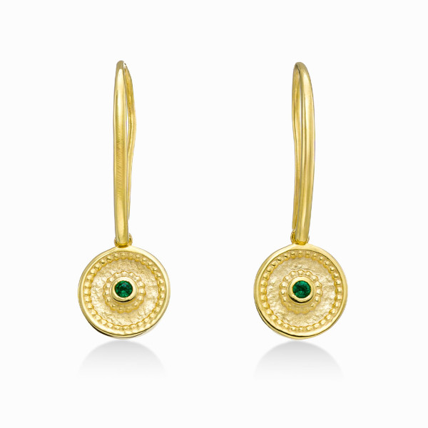 18K Yellow Gold Plated Byzantine Style Dangle Earrings with Green CZ Stone