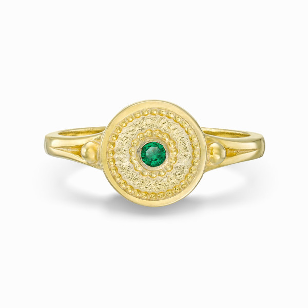 18K Yellow Gold Plated Byzantine Style Ring with Green Center Stone