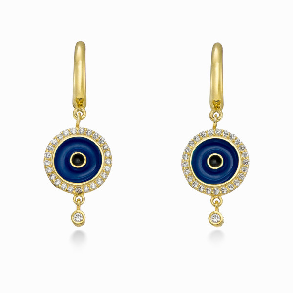 18K Yellow Gold Plated Hoop Earrings with Blue Enamel Eye and White CZ Stones 
