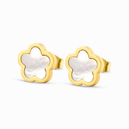 18K Yellow Gold Plated Stainless Steel Stud Earrings with White Mother of Pearl Flower 
