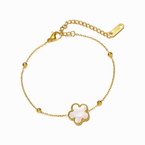 18K Yellow Gold Plated Stainless Steel Bracelet with White Mother of Pearl Flower 
