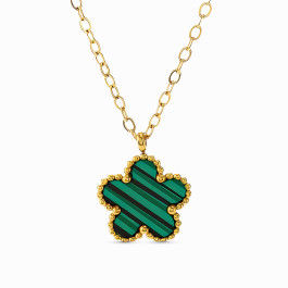 18K Yellow Gold Plated Stainless Steel Necklace with Green Striped Flower