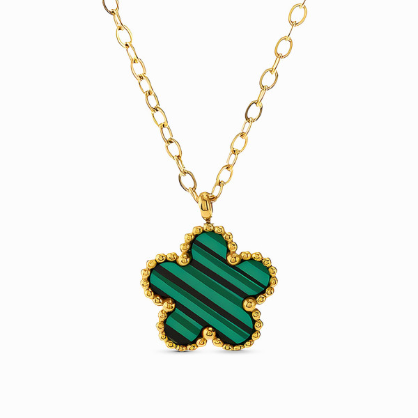 18K Yellow Gold Plated Stainless Steel Necklace with Green Striped Flower