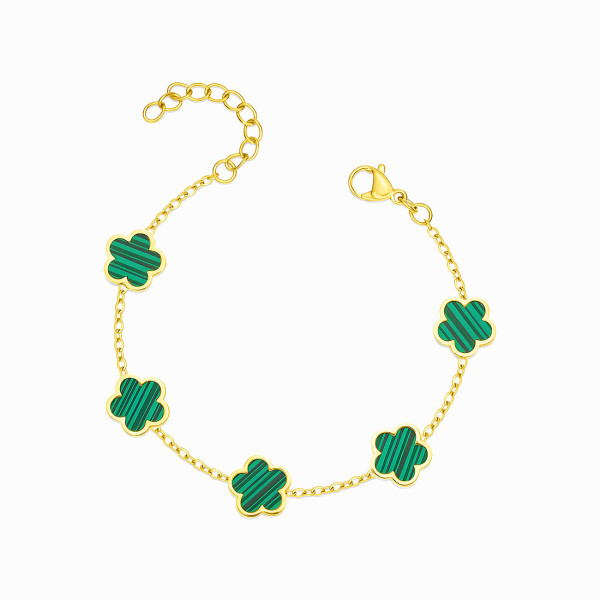 18K Yellow Gold Plated Stainless Steel Bracelet with Green Flower Charms
