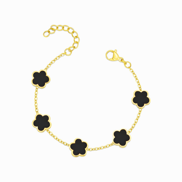 18K Yellow Gold Plated Stainless Steel Bracelet with Black Enamel Flowers 