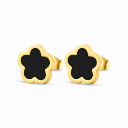 18K Yellow Gold Plated Stainless Steel Stud Earrings with Black Enamel Flower 