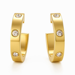 18K Yellow Gold Plated Stainless Steel Hoop Earrings with White CZ Stones