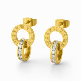 18K Yellow Gold Plated Stainless Steel Dangle Earrings with Roman Numerals and CZ Stones 