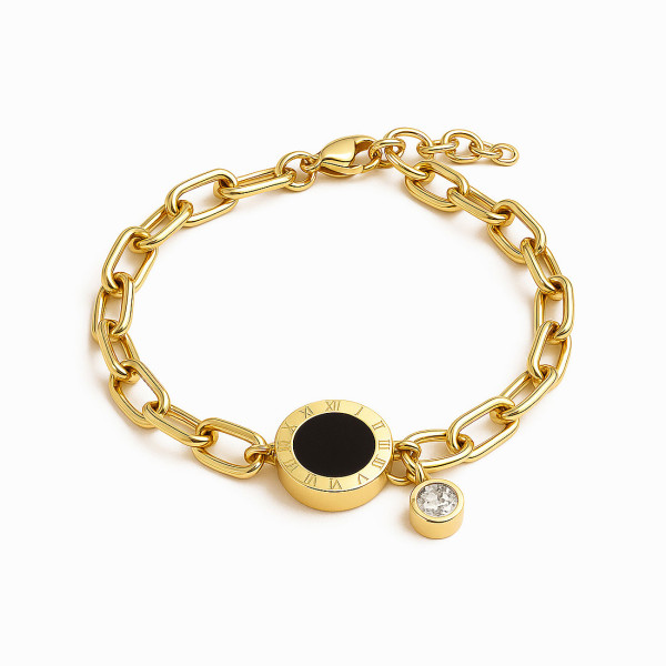 18K Yellow Gold Plated Stainless Steel Roman Numeral Chain Bracelet with Black Enamel 