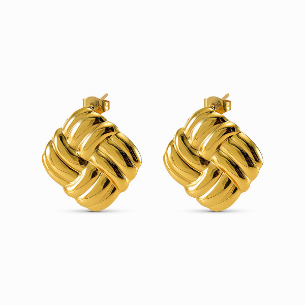 18K Yellow Gold Plated Stainless Steel Square Stud Earrings with Overlapping Woven Design