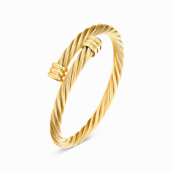 18K Yellow Gold Plated Stainless Steel Statement Cuff Bracelet with Twisted Rope Design