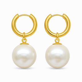 18K Yellow Gold Plated Stainless Steel Elegant Dangling Hoop Earrings with Pearls 