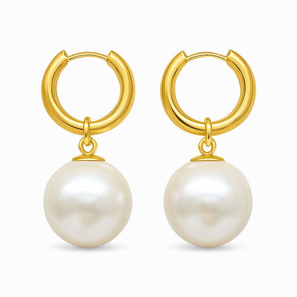 18K Yellow Gold Plated Stainless Steel Elegant Dangling Hoop Earrings with Pearls 