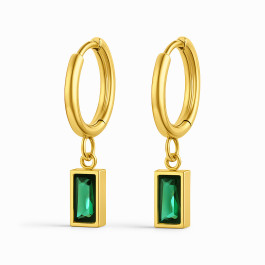 18K Yellow Gold Plated Timeless Dangling Hoop Earrings with Green Baguette Cut CZ Stones