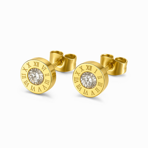 Yellow Gold Plated Roman Numeral Stud Earrings   Yellow Gold Plated Roman Numeral Stud Earrings