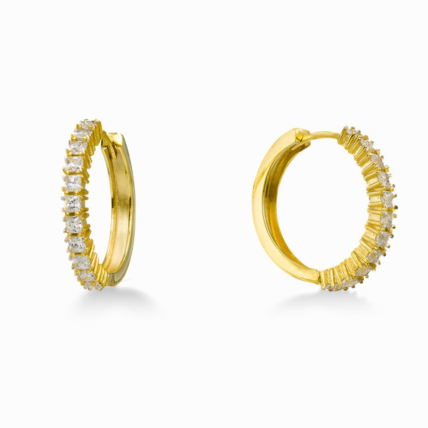 Yellow Gold Hoop Earrings with White CZ Stones