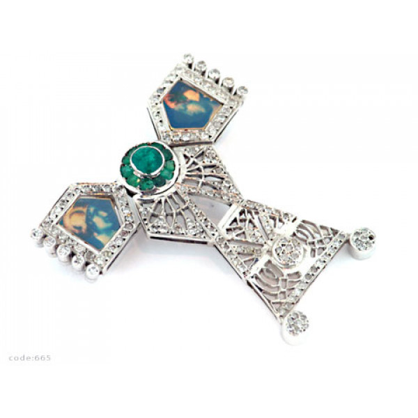 Diamond and Emerald Brooch set in 14K White Gold