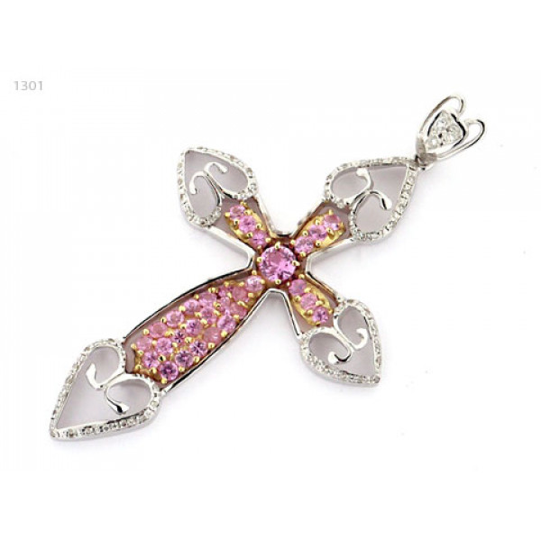 Pink Sapphire and Diamond Cross set in 18K White Gold