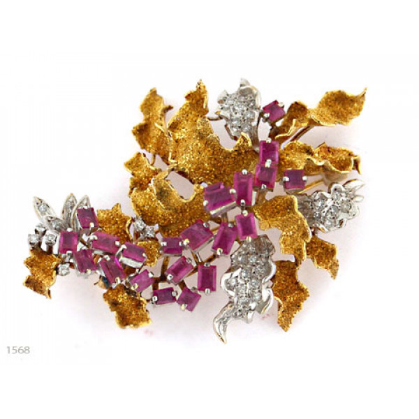 Retro Gold Brooch with Rubies and Diamonds