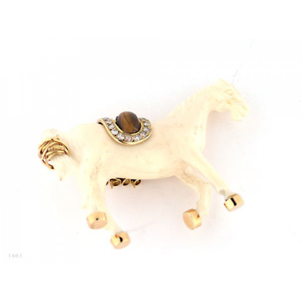 Ivory, Gold, Tiger Eye and Diamond Brooch in a horse design