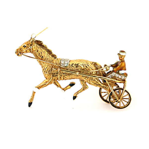 Neiman Marcus Gold Brooch with a horse and sport carriage adorned with Diamonds and Enamels