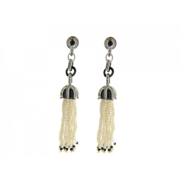 White Gold Drop Earrings adorned with Diamonds, Pearls and Black Onyx