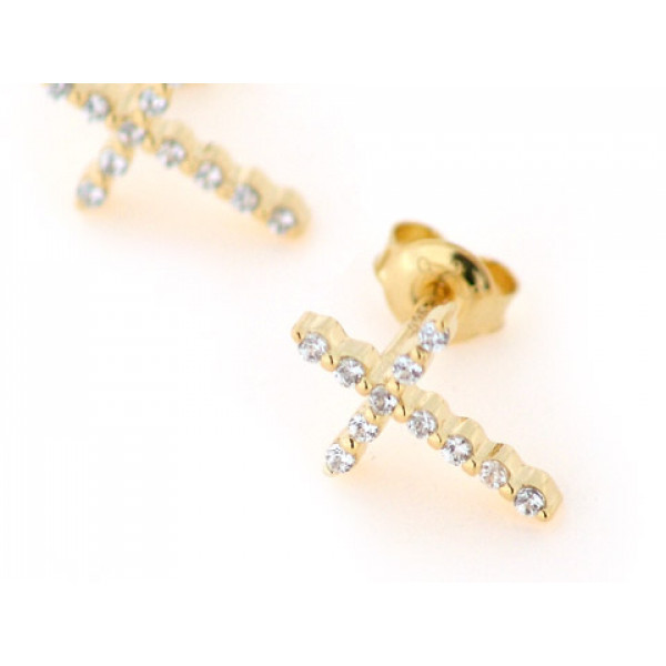 Cross Earrings with White Sapphires set in Gold Plated Silver