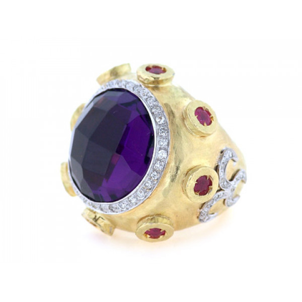 Gold Cocktail Ring adorned with an Amethyst, Diamonds and Rubies