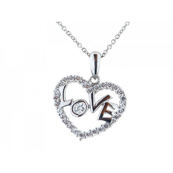 Platinum plated silver pendant with a white sapphire heart and the world Love.