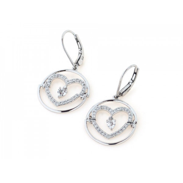 Platinum Plated Silver Dangle Earrings with a Heart Design adorned with White Sapphires