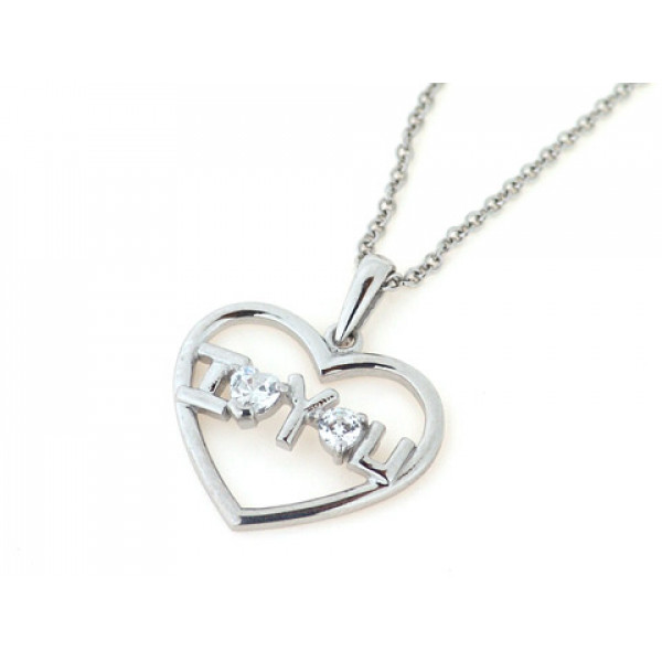 Platinum Plated Silver Pendant with a Heart and the words I Love You