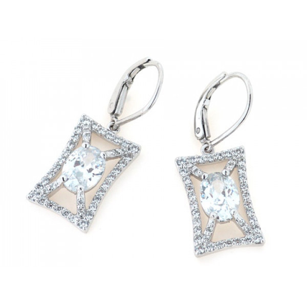 Rectangle Silver Platinum Plated Earrings with Oval White Sapphires