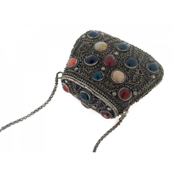 Antique Silver Filigree Bag from the Balkans adorned with Gemstones