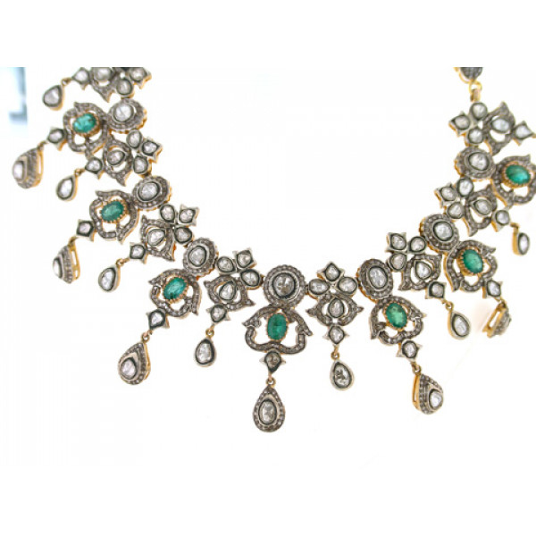 Gold Necklace adorned with Diamonds and Emeralds