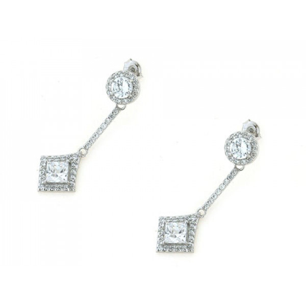 Platinum Plated Silver Dangle Earrings with White Sapphires