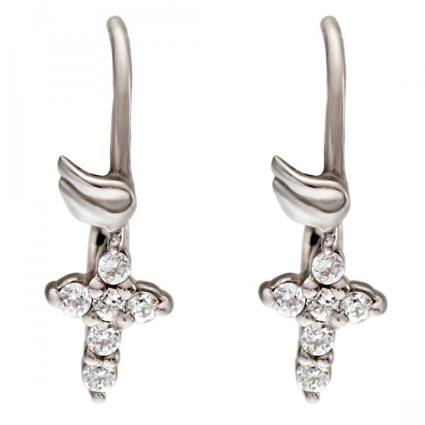 Platinum Plated Silver Cross Earrings with White Sapphires