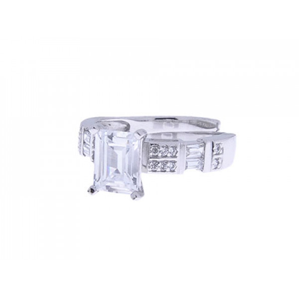 Platinum Plated Silver Solitaire Ring with White Sapphires