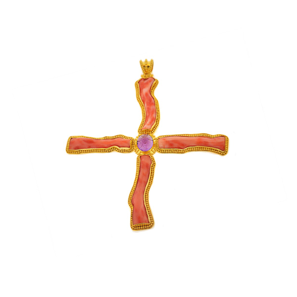 Amethyst and Coral Gold Cross