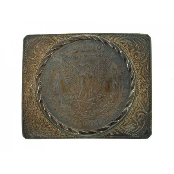 Silver Belt Buckle with a dollar coin