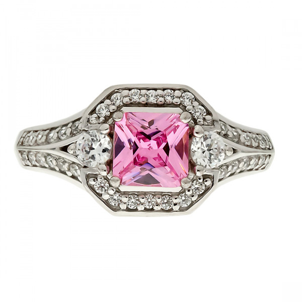 Platinum Plated Silver Ring with a Pink Quartz and White Sapphires