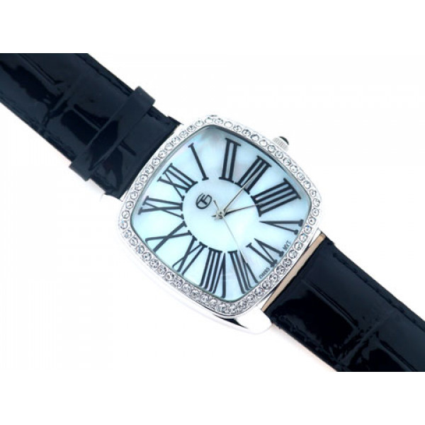 Black Leather White Sapphires Watch